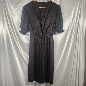 Millenium Button Front Smocked Sleeves Textured Satin Tie Waist Dress Black Lg